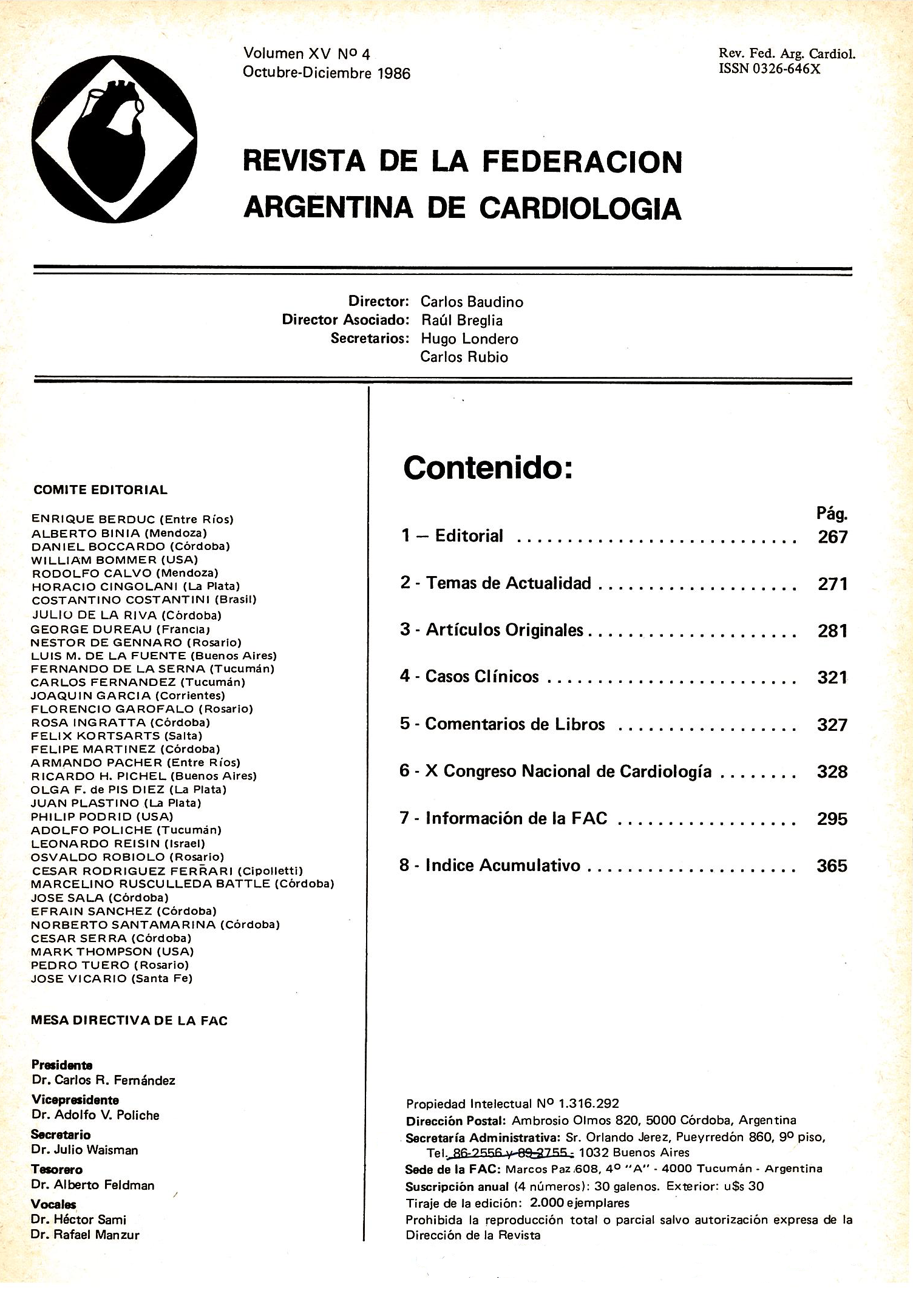 Portada de la Revista de la Federación Argentina de Cardiología Volúmen 15 Número 4, octubre - diciembre de 1986